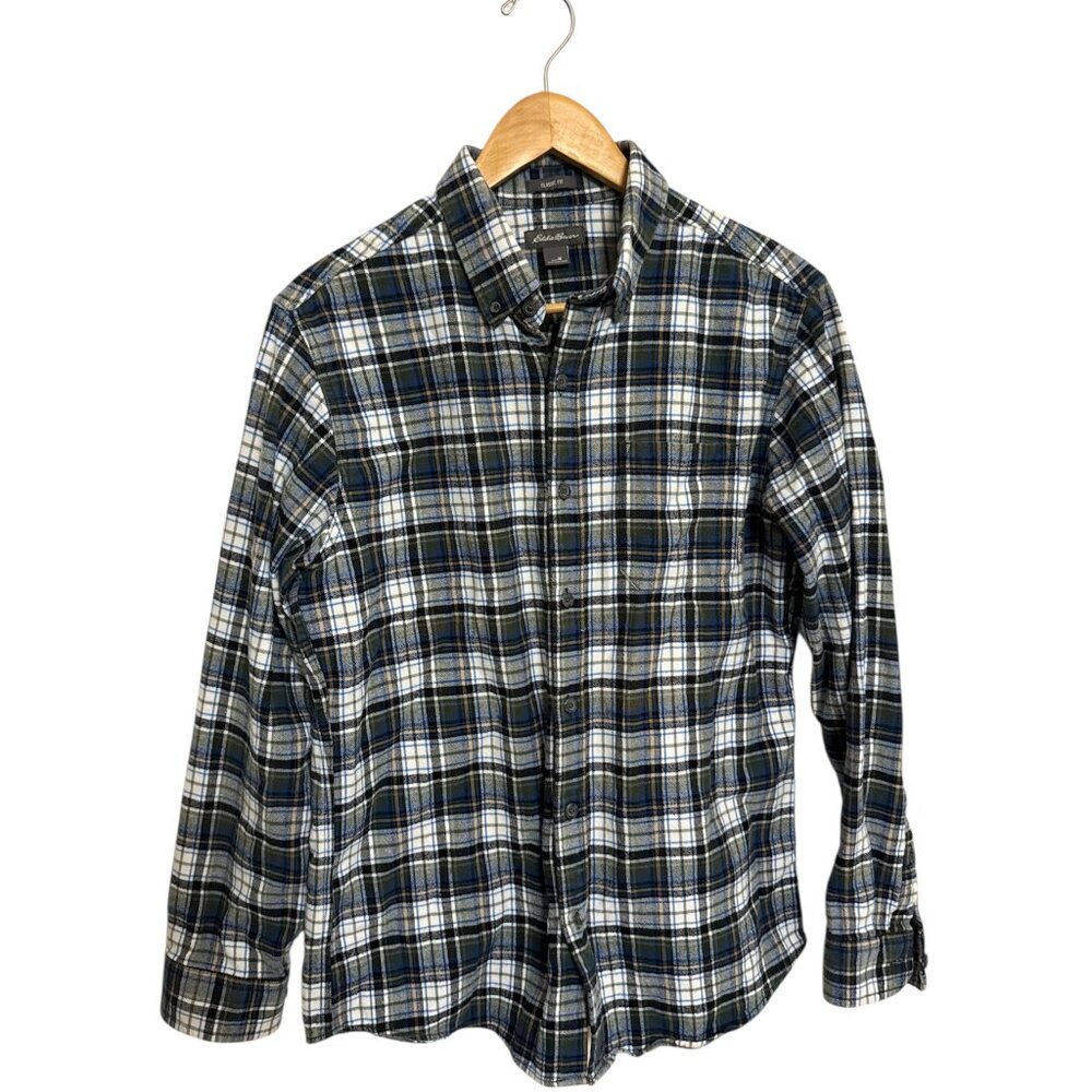 Eddie Bauer Plaid Green and White Flannel Casual Button Down Shirt
